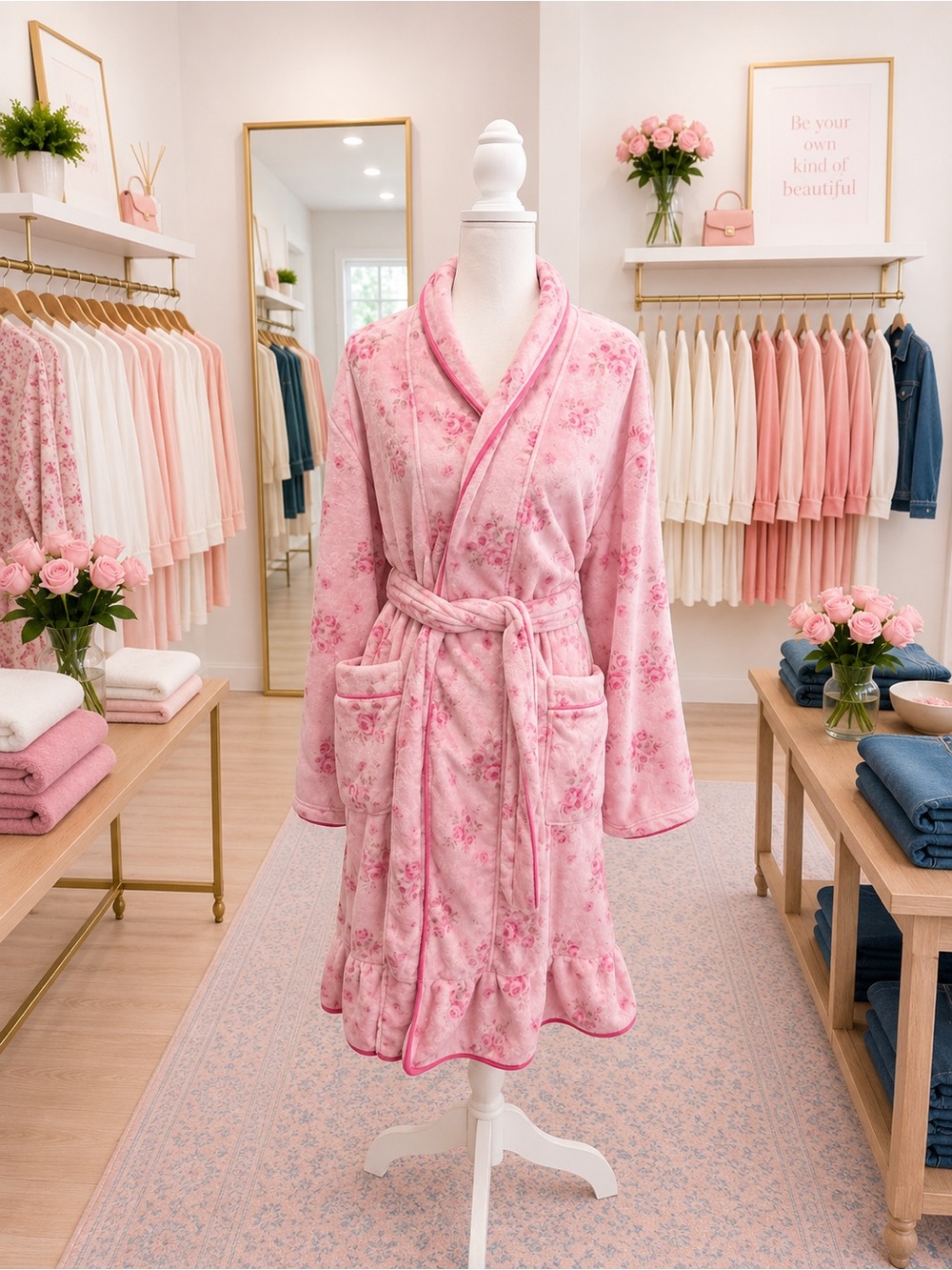 Jess Lea Pink Rose Floral Housecoat Robe Plus Size Belted Ruffle Hem NWOT